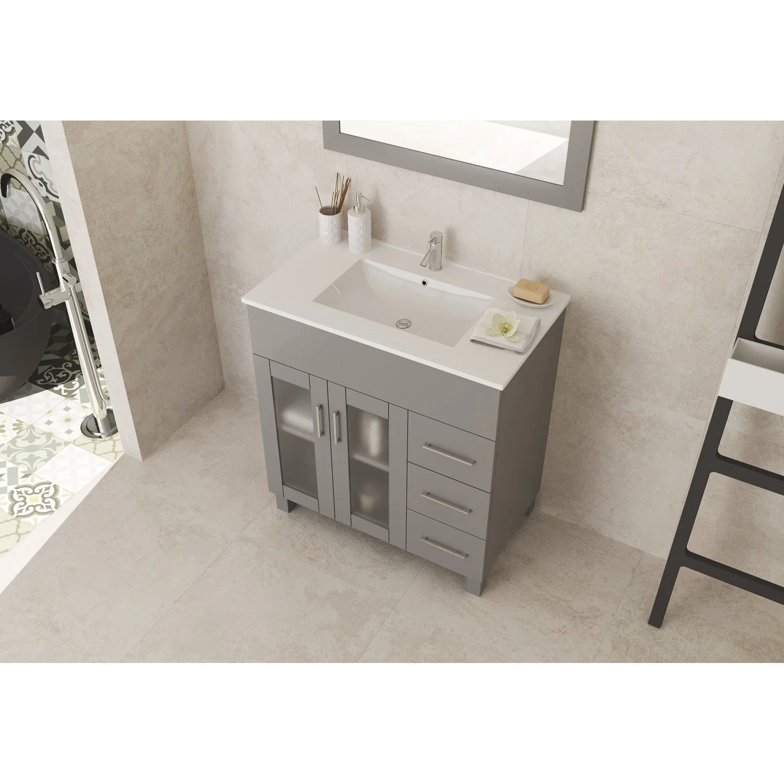 Laviva Nova 32" Grey Bathroom Vanity with White Ceramic Basin Countertop 31321529-32G-CB - Image 2