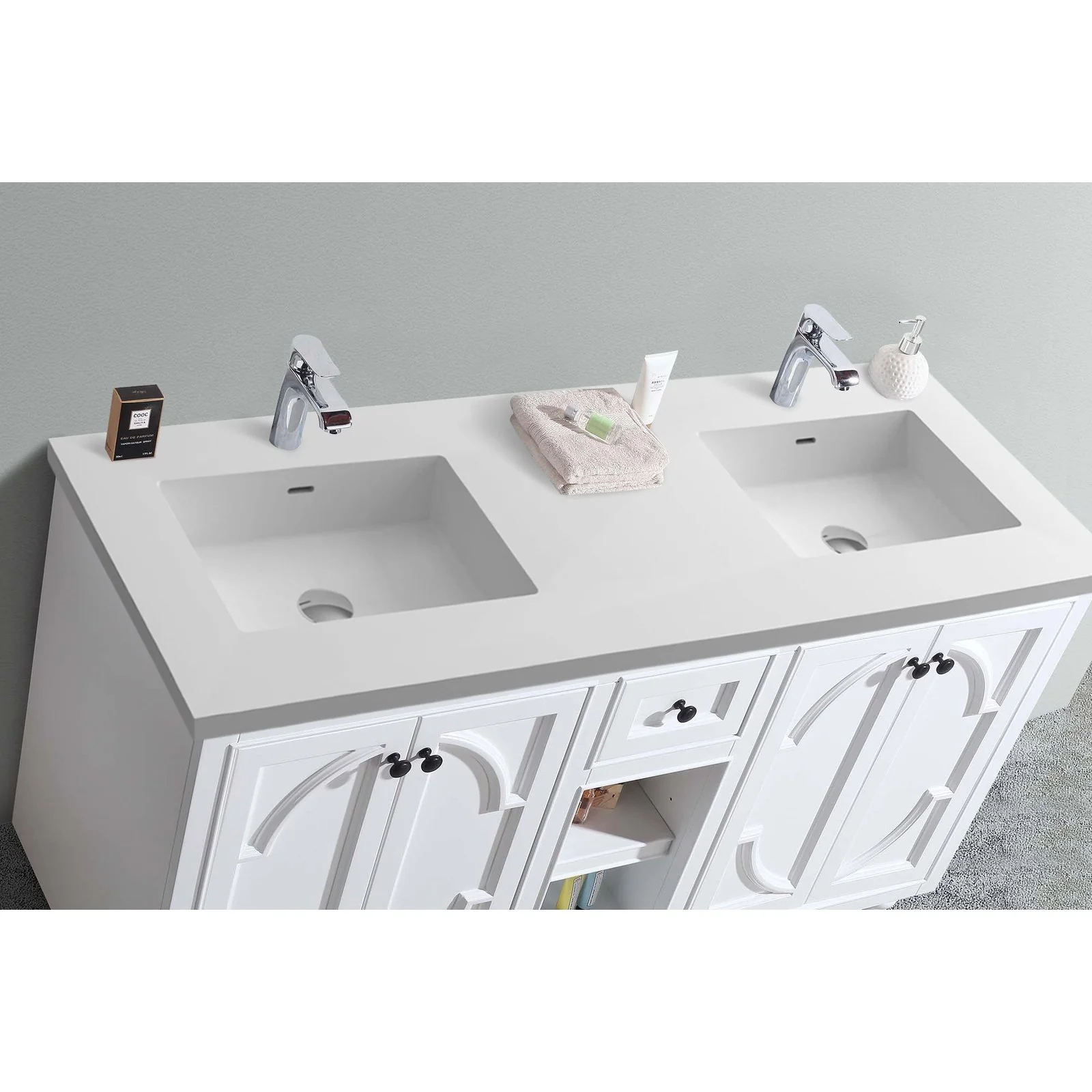 Laviva Odyssey 60" White Double Sink Bathroom Vanity with Matte White VIVA Stone Solid Surface Countertop 313613-60W-MW