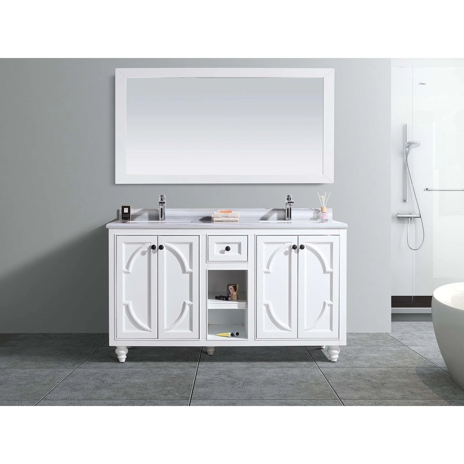 Laviva Odyssey 60" White Double Sink Bathroom Vanity with White Stripes Marble Countertop 313613-60W-WS