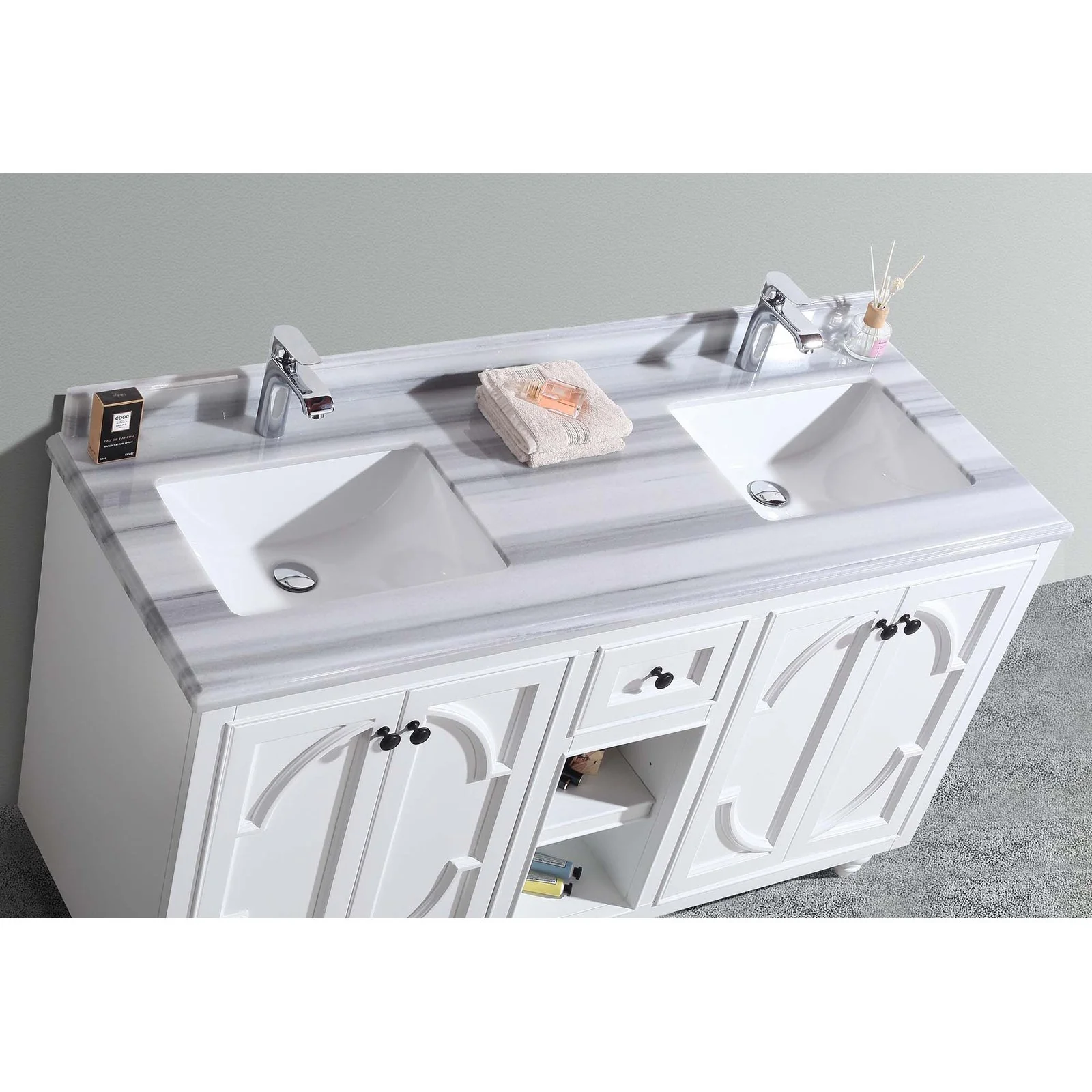Laviva Odyssey 60" White Double Sink Bathroom Vanity with White Stripes Marble Countertop 313613-60W-WS - Image 2