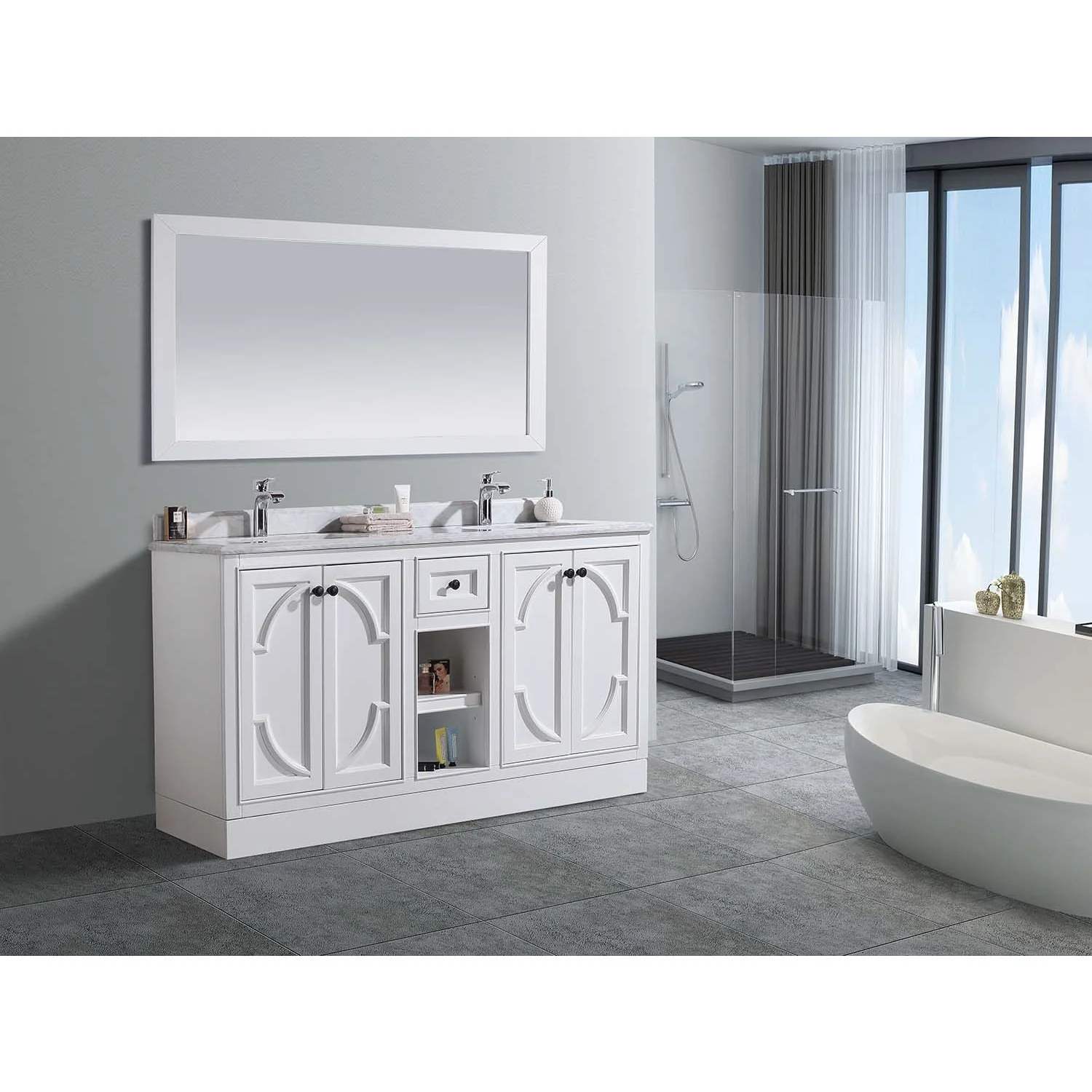 Laviva Odyssey 60" White Double Sink Bathroom Vanity with White Stripes Marble Countertop 313613-60W-WS - Image 8