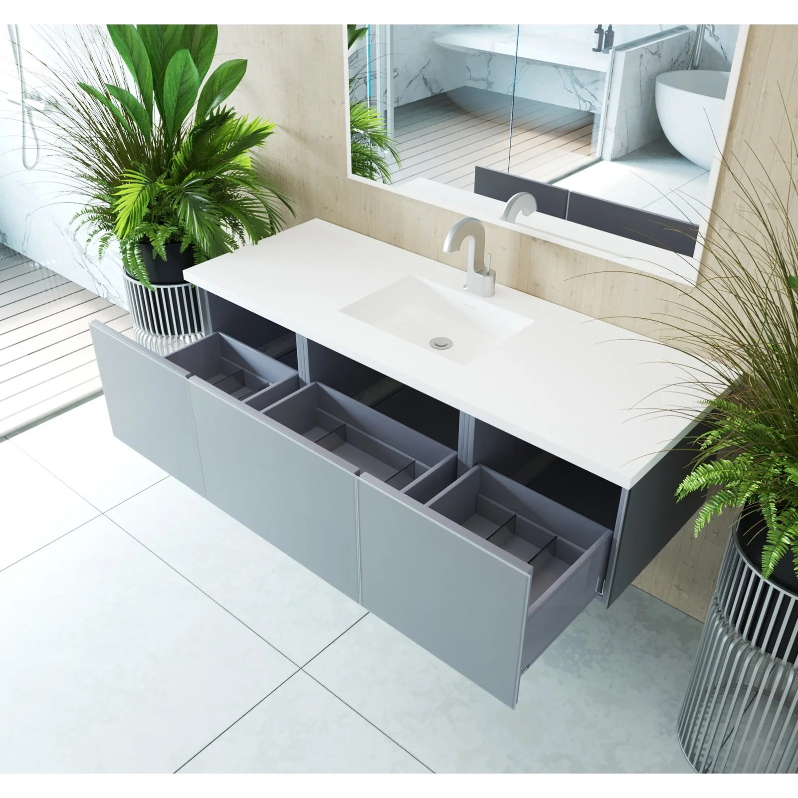 Laviva Vitri 60" Fossil Grey Single Sink Bathroom Vanity with VIVA Stone Matte White Solid Surface Countertop 313VTR-60CFG-MW - Image 3