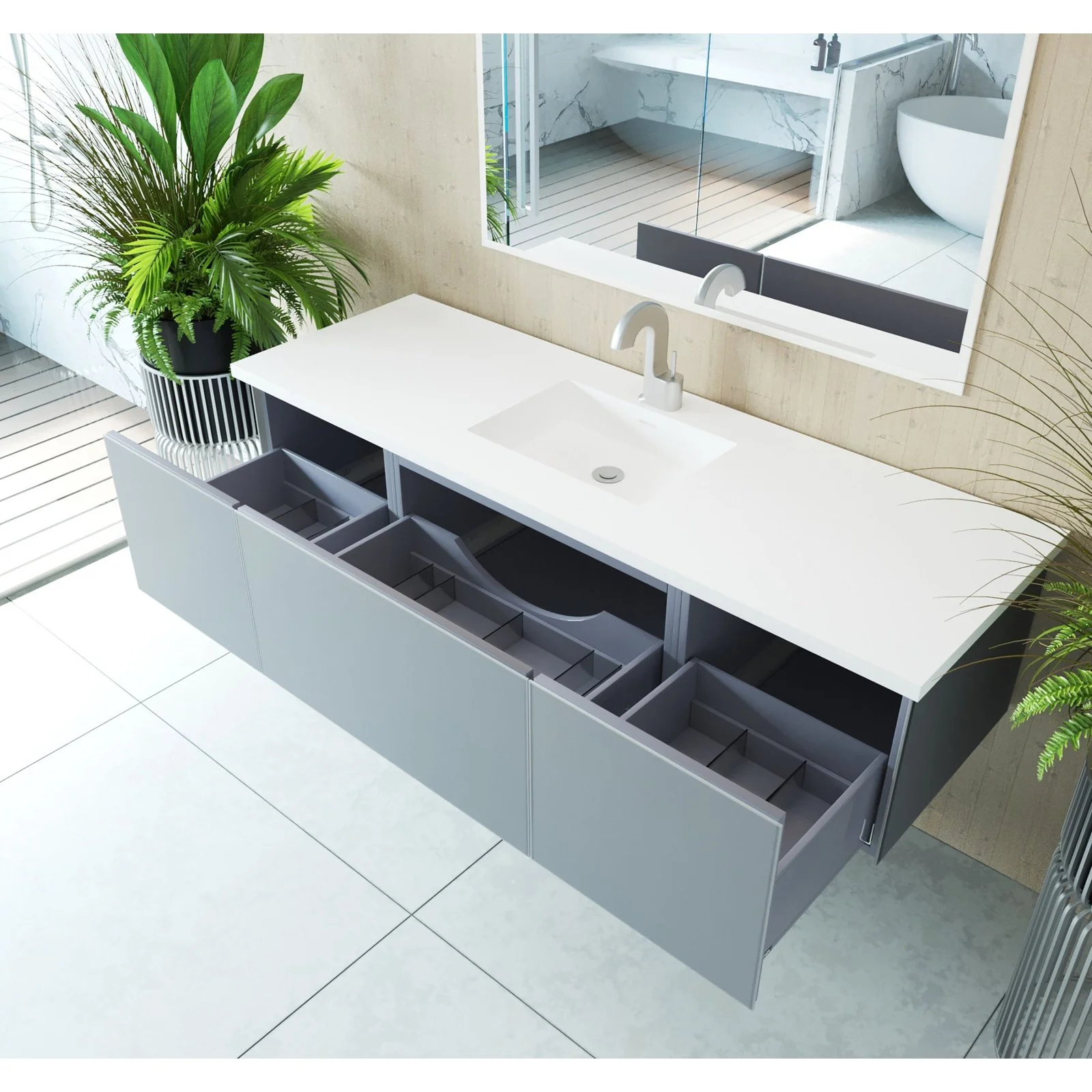 Laviva Vitri 66" Fossil Grey Single Sink Bathroom Vanity with VIVA Stone Matte White Solid Surface Countertop 313VTR-66FG-MW - Image 3