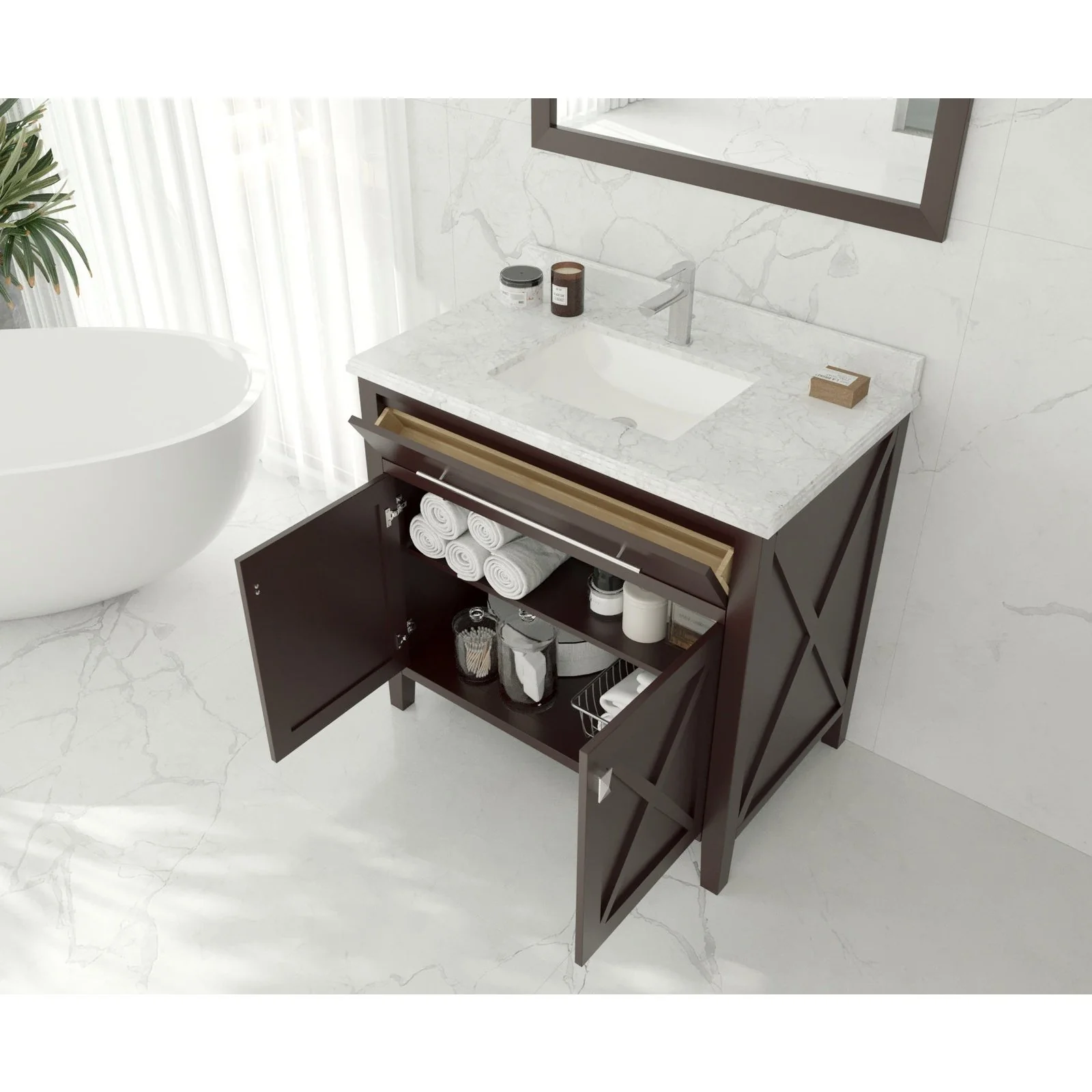 Laviva Wimbledon 36" Brown Bathroom Vanity with White Stripes Marble Countertop 313YG319-36B-WS - Image 3
