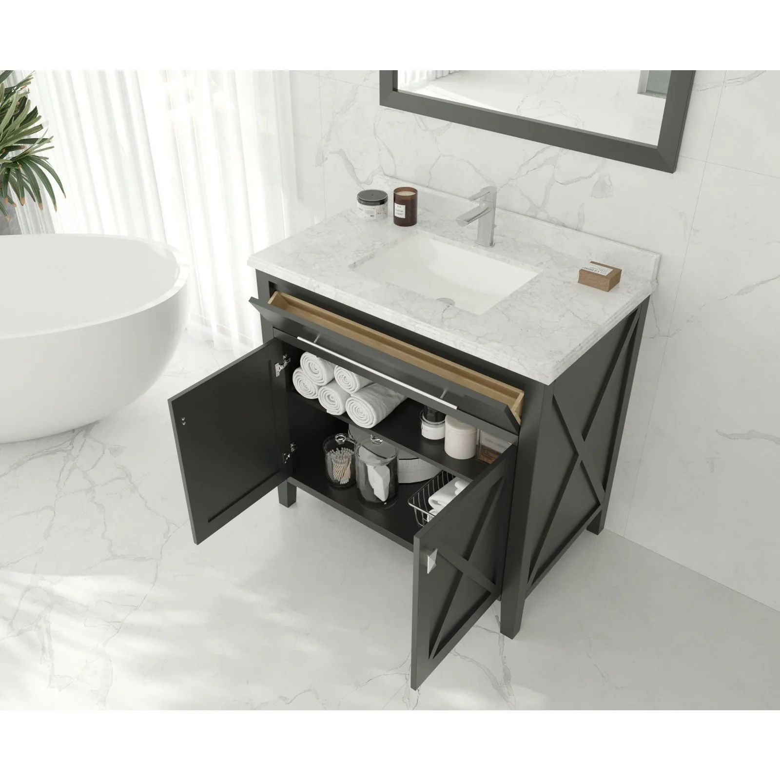 Laviva Wimbledon 36" Espresso Bathroom Vanity with White Stripes Marble Countertop 313YG319-36E-WS - Image 3