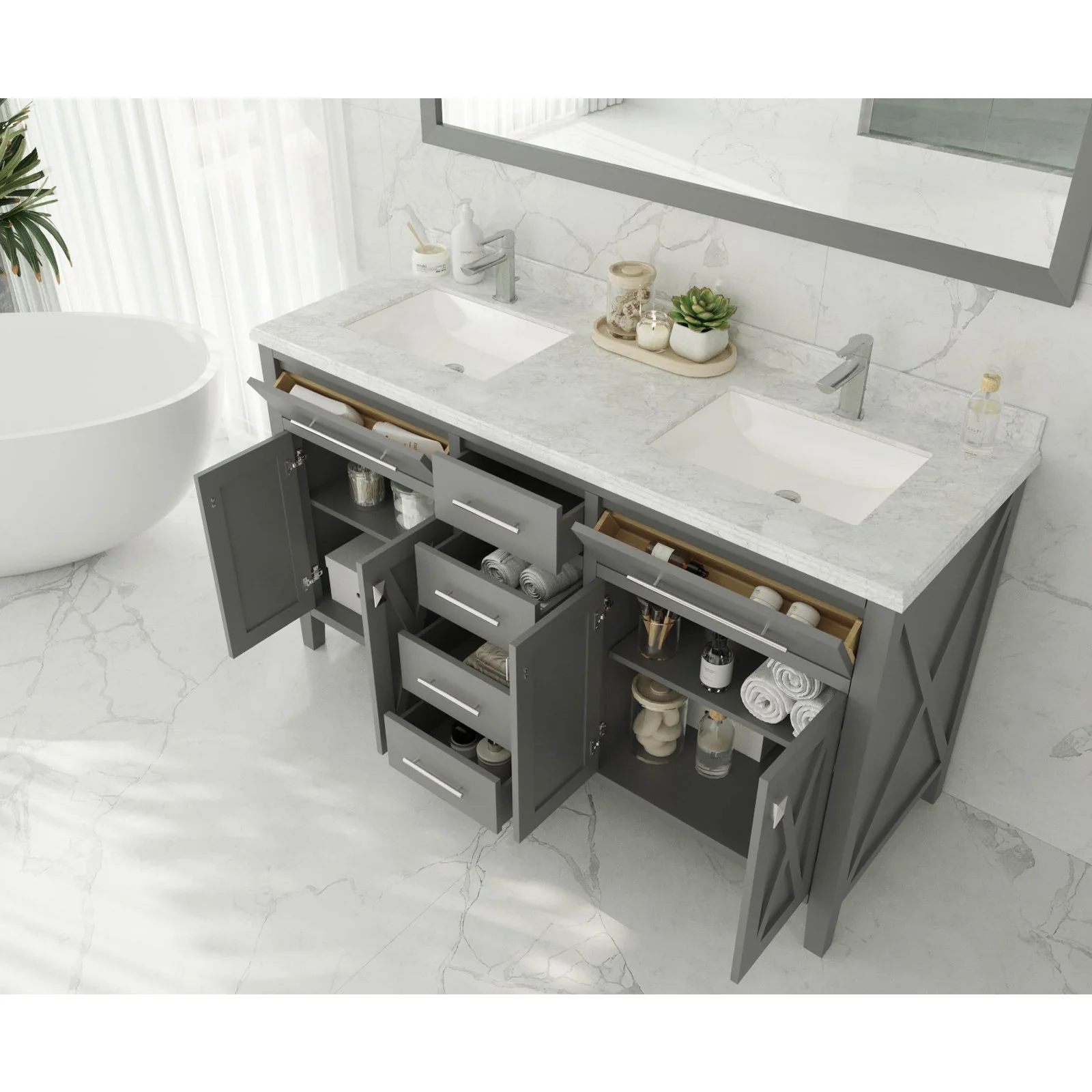 Laviva Wimbledon 60" Grey Double Sink Bathroom Vanity with White Carrara Marble Countertop 313YG319-60G-WC - Image 3