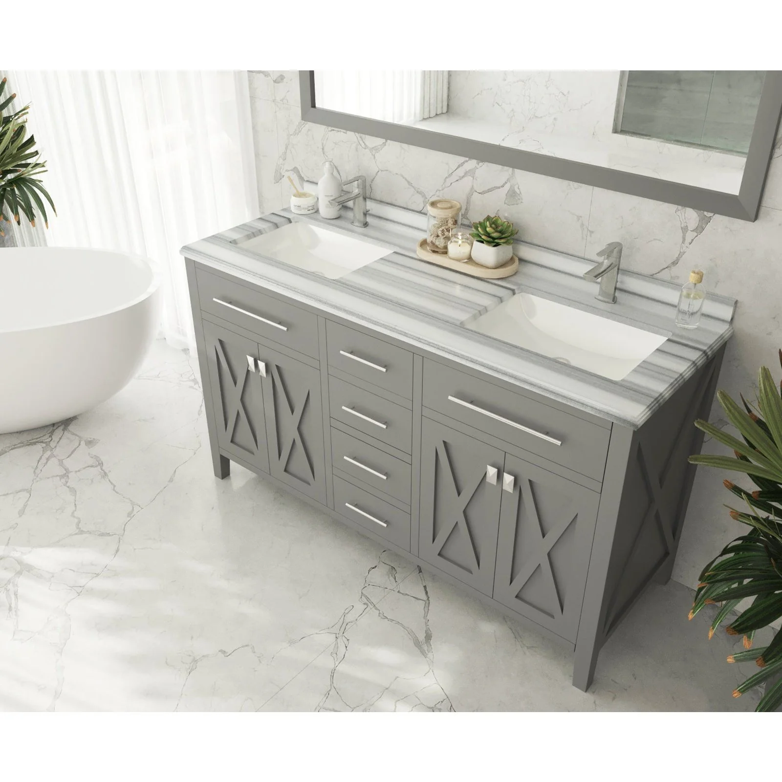 Laviva Wimbledon 60" Grey Double Sink Bathroom Vanity with White Stripes Marble Countertop 313YG319-60G-WS - Image 2