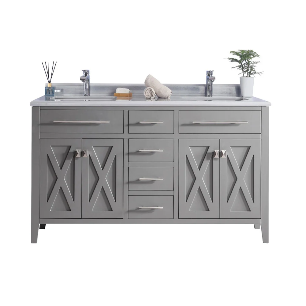 Laviva Wimbledon 60" Grey Double Sink Bathroom Vanity with White Stripes Marble Countertop 313YG319-60G-WS - Image 6