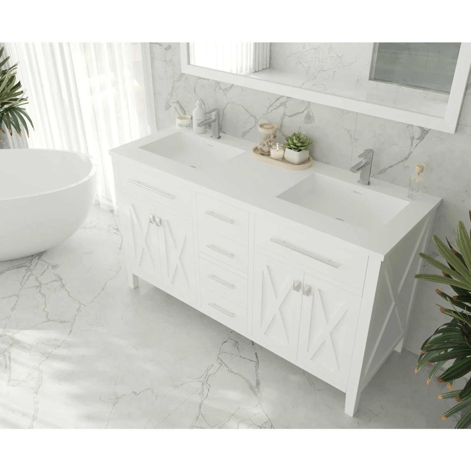 Laviva Wimbledon 60" White Double Sink Bathroom Vanity with Matte White VIVA Stone Solid Surface Countertop 313YG319-60W-MW - Image 2