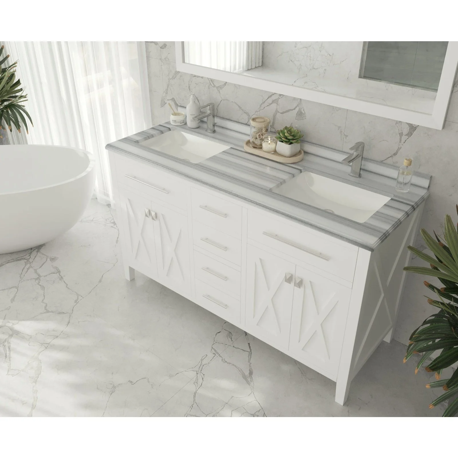 Laviva Wimbledon 60" White Double Sink Bathroom Vanity with White Stripes Marble Countertop 313YG319-60W-WS - Image 2