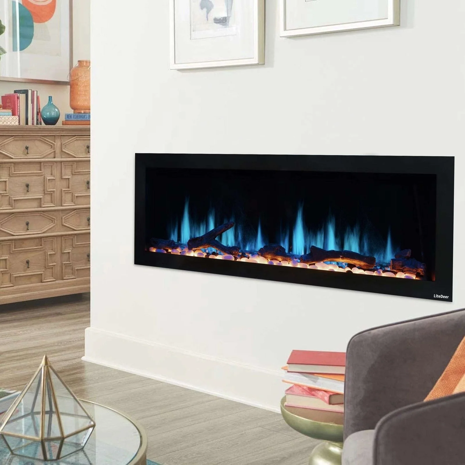 Litedeer Homes Gloria II 48" Smart Wall Mounted Electric Fireplace with App Driftwood Log & River Rock Silver - Image 4