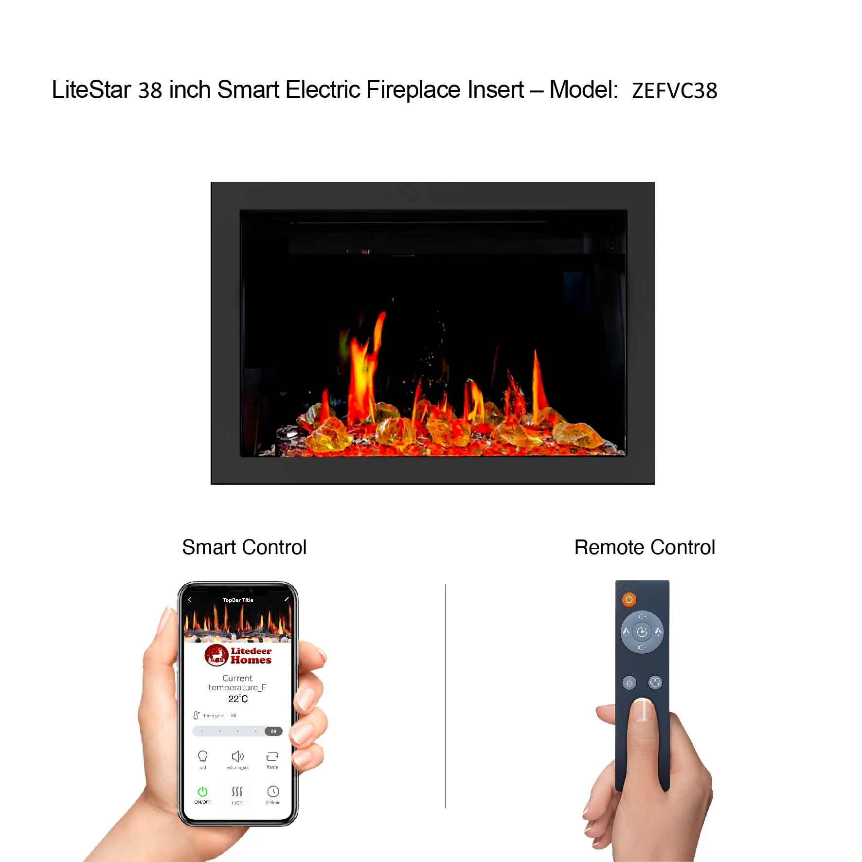 Litedeer Homes LiteStar Smart Electric Fireplace Insert with App Reflective Amber Glass - Image 2