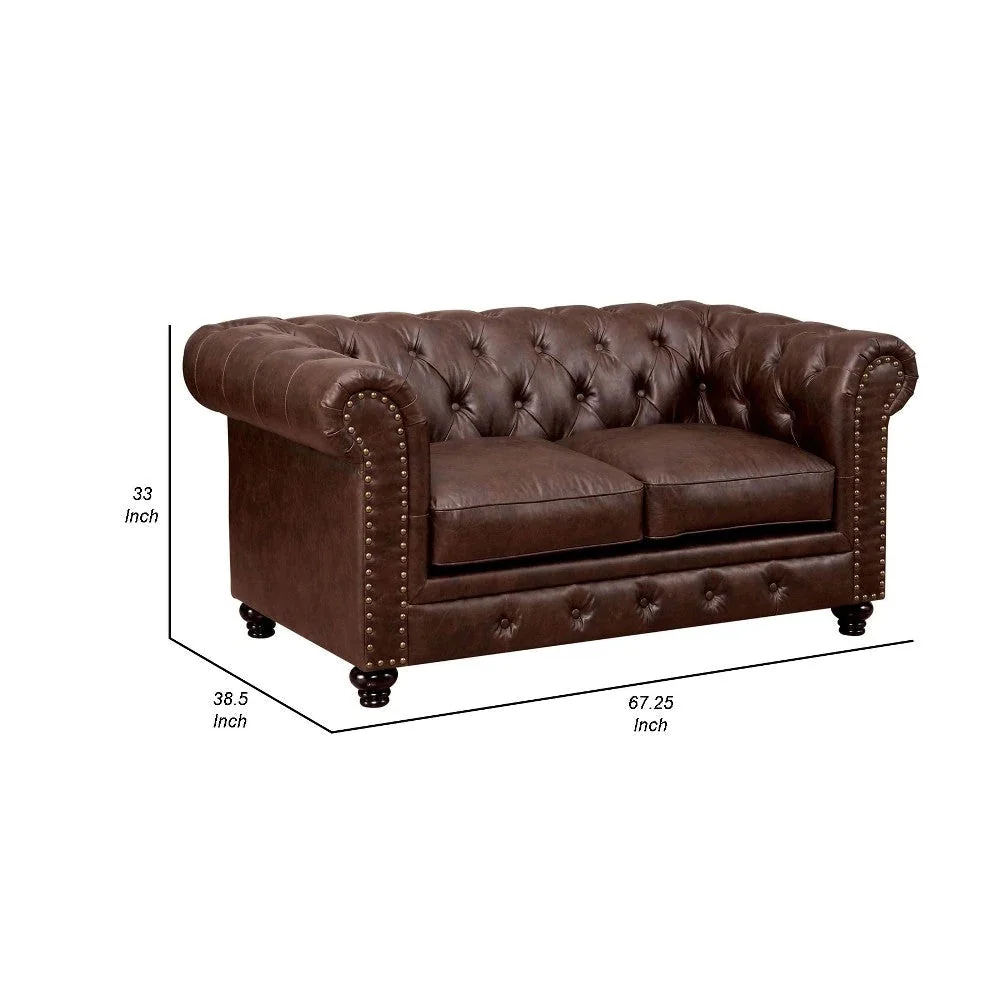 Benzara Loveseat With Button Tufted Backrest And Rolled Design Arms, Brown BM263135 - Image 5