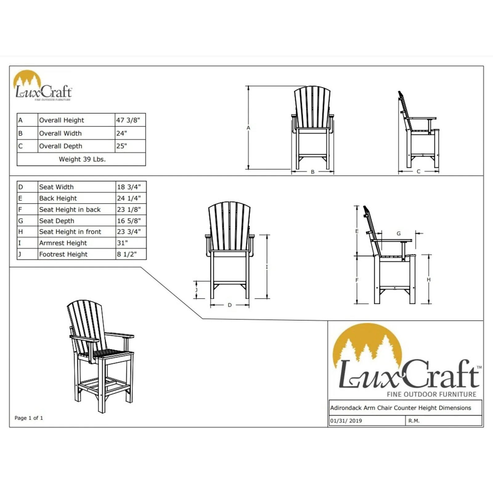 LuxCraft Counter Height Poly Adirondack Arm Chair - Image 2