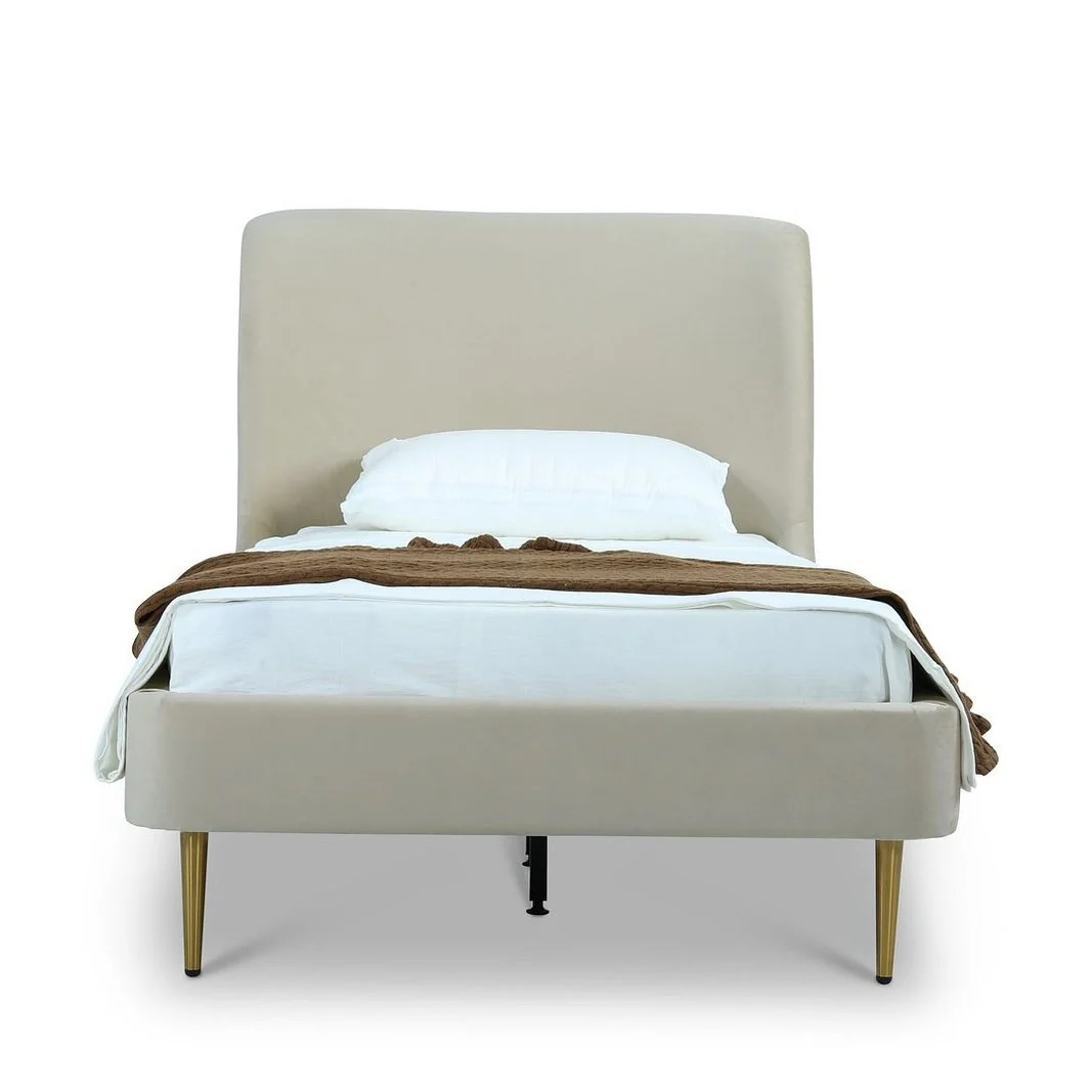 Manhattan Comfort Heather Velvet Twin Bed in Cream with Gold Legs - Image 3