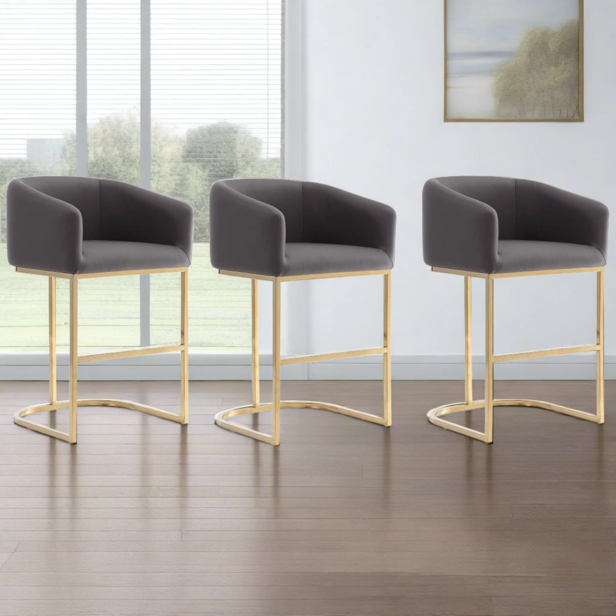 Manhattan Comfort Louvre 36 in. Cream and Titanium Gold Stainless Steel Counter Height Bar Stool (Set of 3) - Image 9
