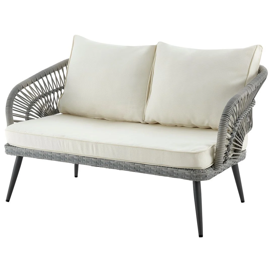 Manhattan Comfort Riviera Rope Wicker 4-Piece 4 Seater Patio Conversation Set with Cushions in Cream - Image 4