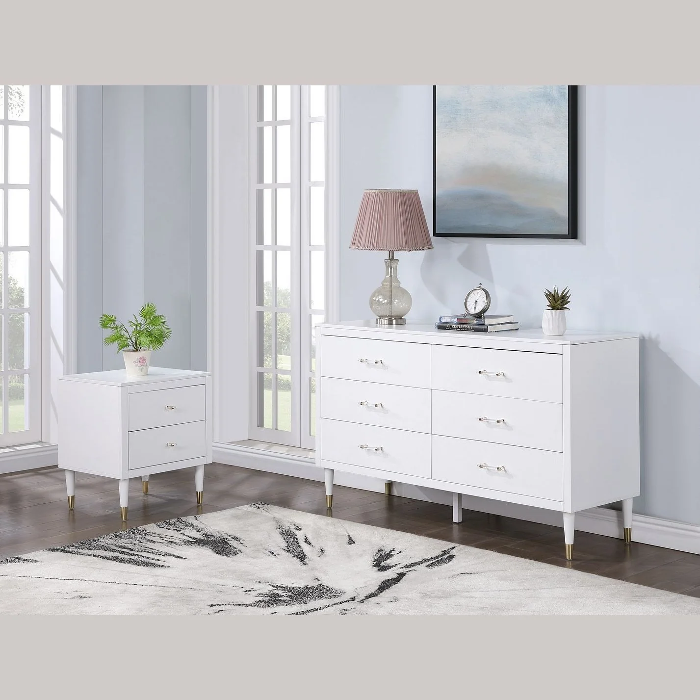 Manhattan Comfort Stanton 2-Piece Modern Dresser and Nightstand Set with Full Extension Drawers and Solid Wood Legs in White - Image 11