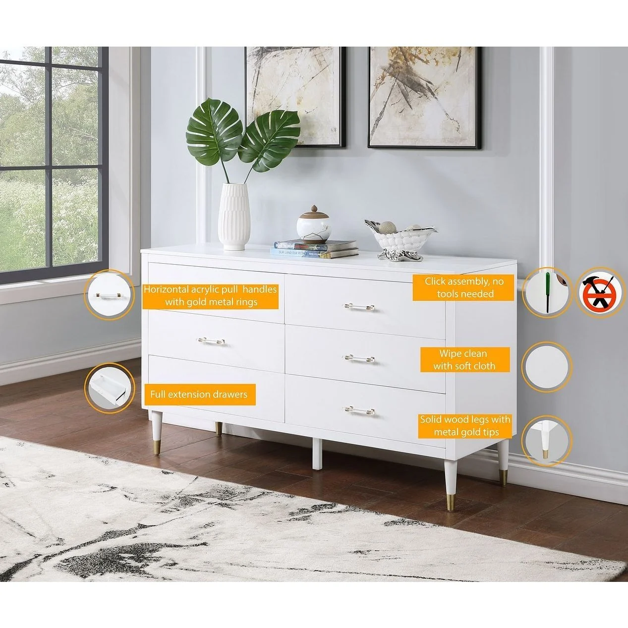 Manhattan Comfort Stanton 2-Piece Modern Dresser and Nightstand Set with Full Extension Drawers and Solid Wood Legs in White - Image 18