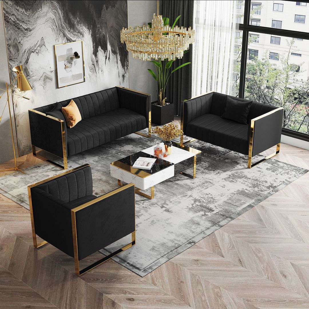 Manhattan Comfort Trillium 3-Piece Teal and Gold Sofa, Loveseat and Armchair - Image 11