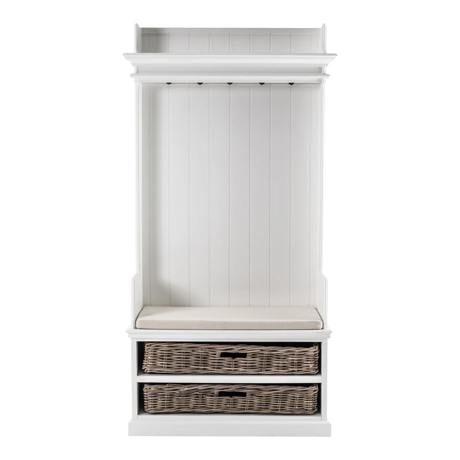NovaSolo Halifax Entryway Coat Rack & Bench Unit with Basket White CA593 - Image 2