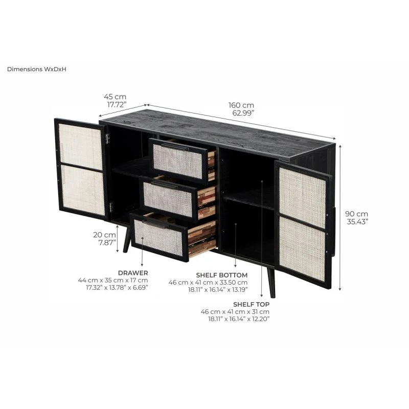 NovaSolo Nordic Mindi Rattan Buffet 2 Doors 3 Drawers 62" Black MD RT 19050 - Image 7