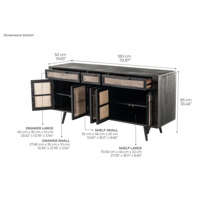 NovaSolo Nordic Mindi Rattan Buffet 5 Doors 3 Drawers Black MD RT 19054 - Image 13