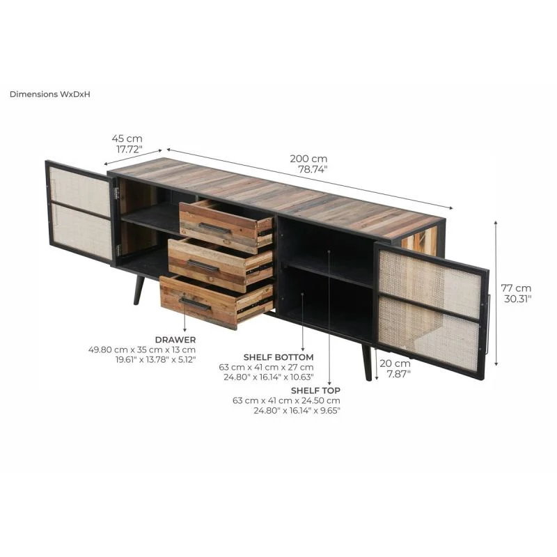 NovaSolo Nordic Rattan Buffet 2 Doors 3 Drawers 78" Natural Boat Wood BW RT 19051 - Image 8