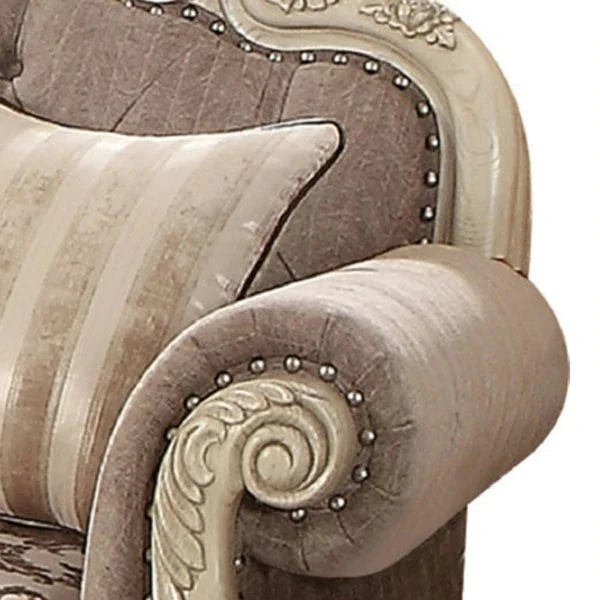 Benzara Scrolled Crown Top Fabric Loveseat With Cabriole Legs, Gray And White BM221353 - Image 4