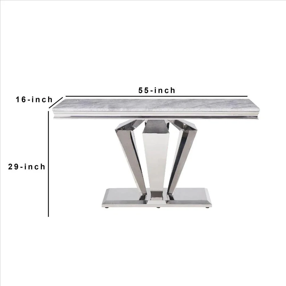 Benzara Sofa Table With Faux Marble Top And Steel Base, Silver BM261691 - Image 4
