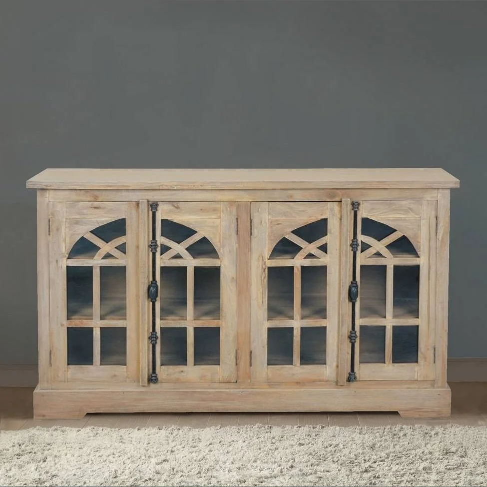 Sunset Trading Cottage 63" Arched Glass Door Credenza | Driftwood Brown Solid Wood Display Cabinet | Fully Assembled Sideboard CC-CAB1706S-DW