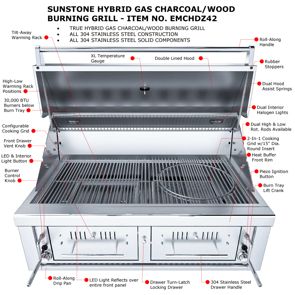 Sunstone 42" Dual Zone Gas/Charcoal/Wood Hybrid Grill - Image 13