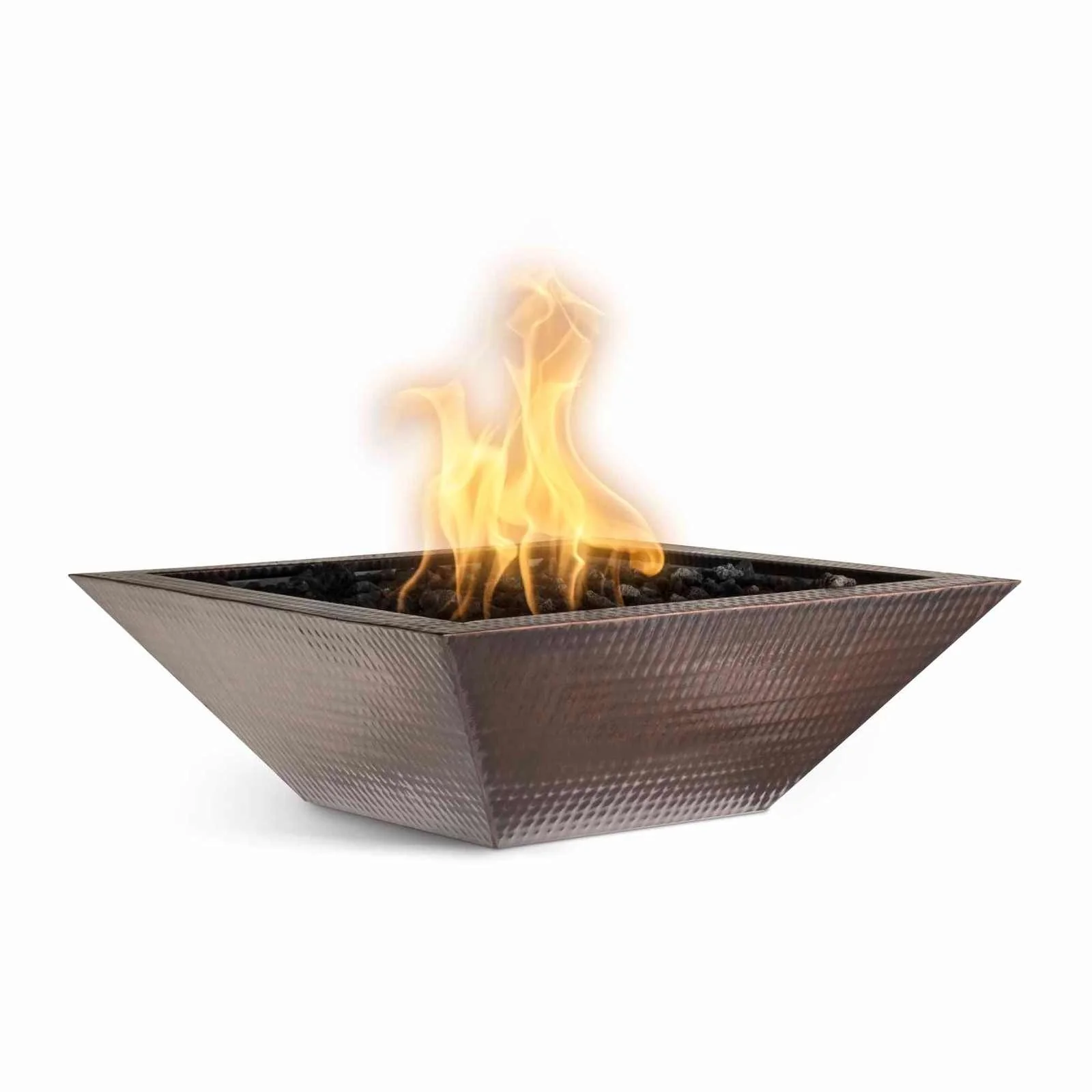 The Outdoor Plus 24" Maya Square Hammered Copper Fire Bowl | Match Lit with Flame Sense
