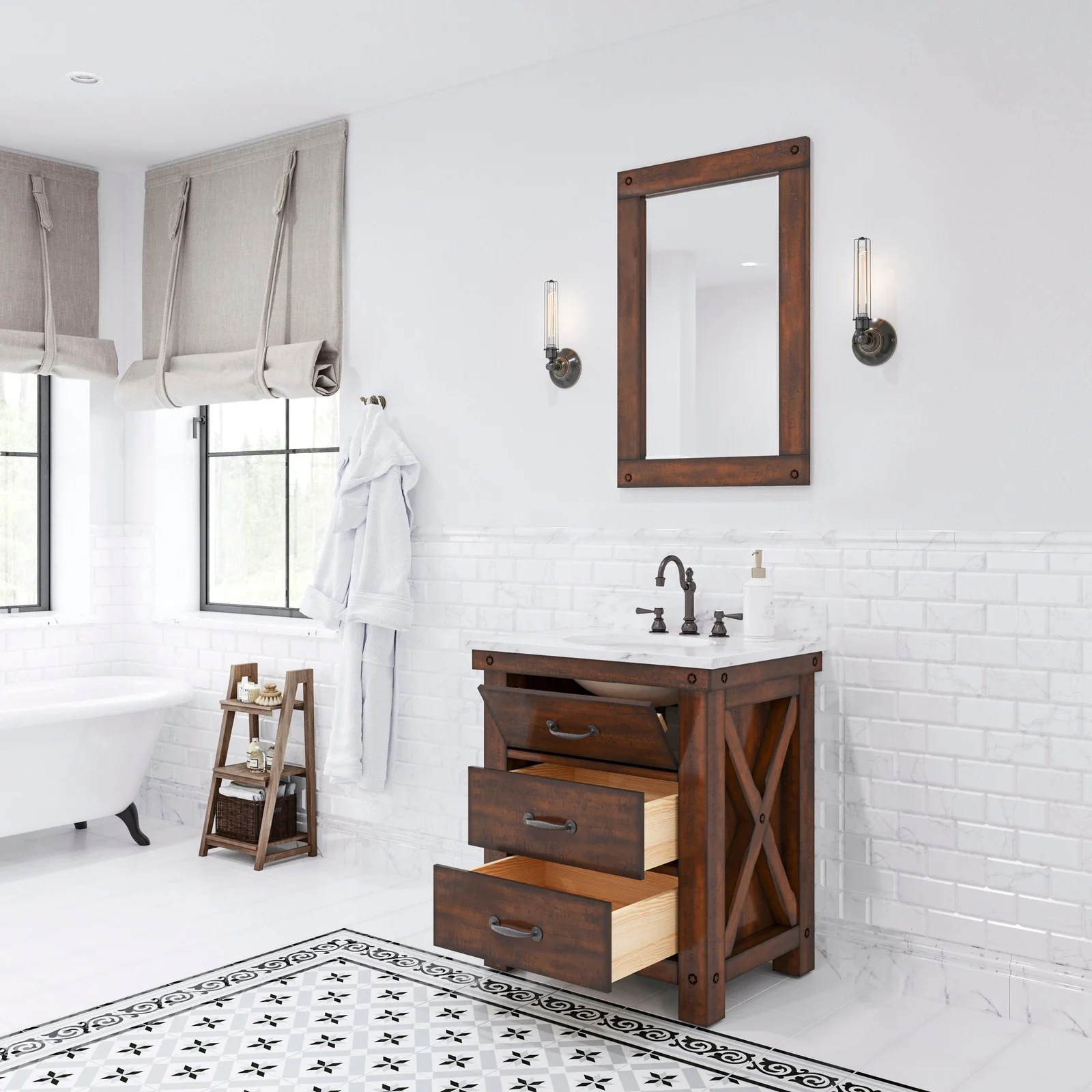Water Creation Aberdeen 30" Single Sink Carrara White Marble Countertop Vanity in Rustic Sierra - Image 3