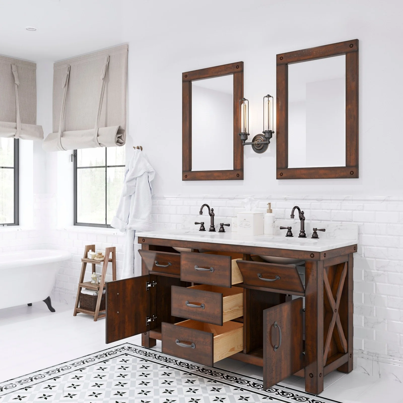 Water Creation Aberdeen 60" Double Sink Carrara White Marble Countertop Vanity in Rustic Sierra with Hook Faucets - Image 3