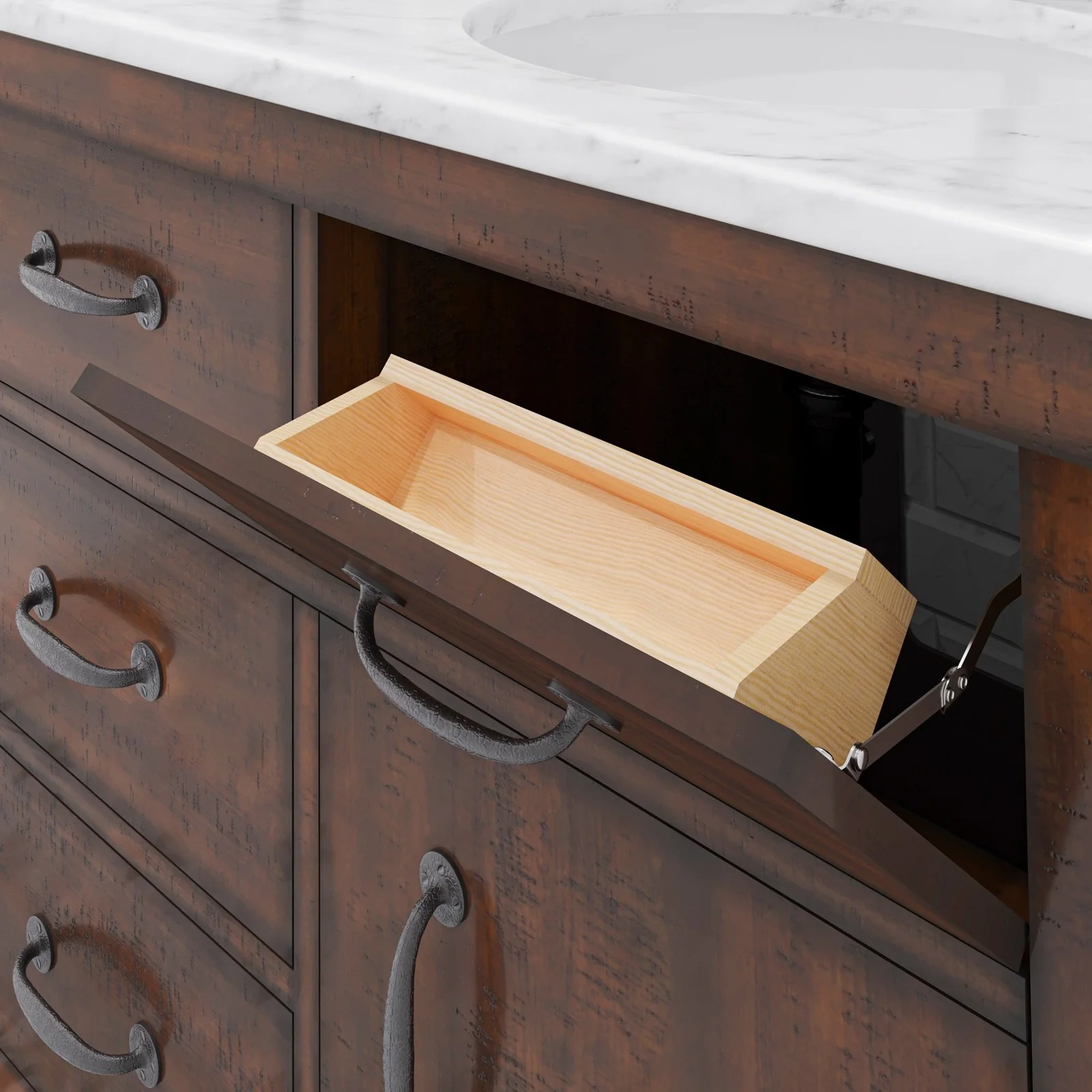 Water Creation Aberdeen 60" Double Sink Carrara White Marble Countertop Vanity in Rustic Sierra with Hook Faucets - Image 6