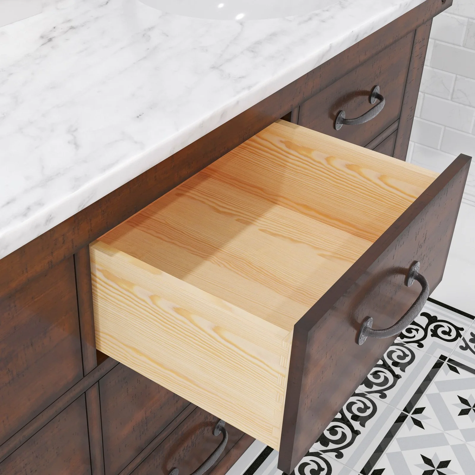 Water Creation Aberdeen 60" Double Sink Carrara White Marble Countertop Vanity in Rustic Sierra with Hook Faucets - Image 7