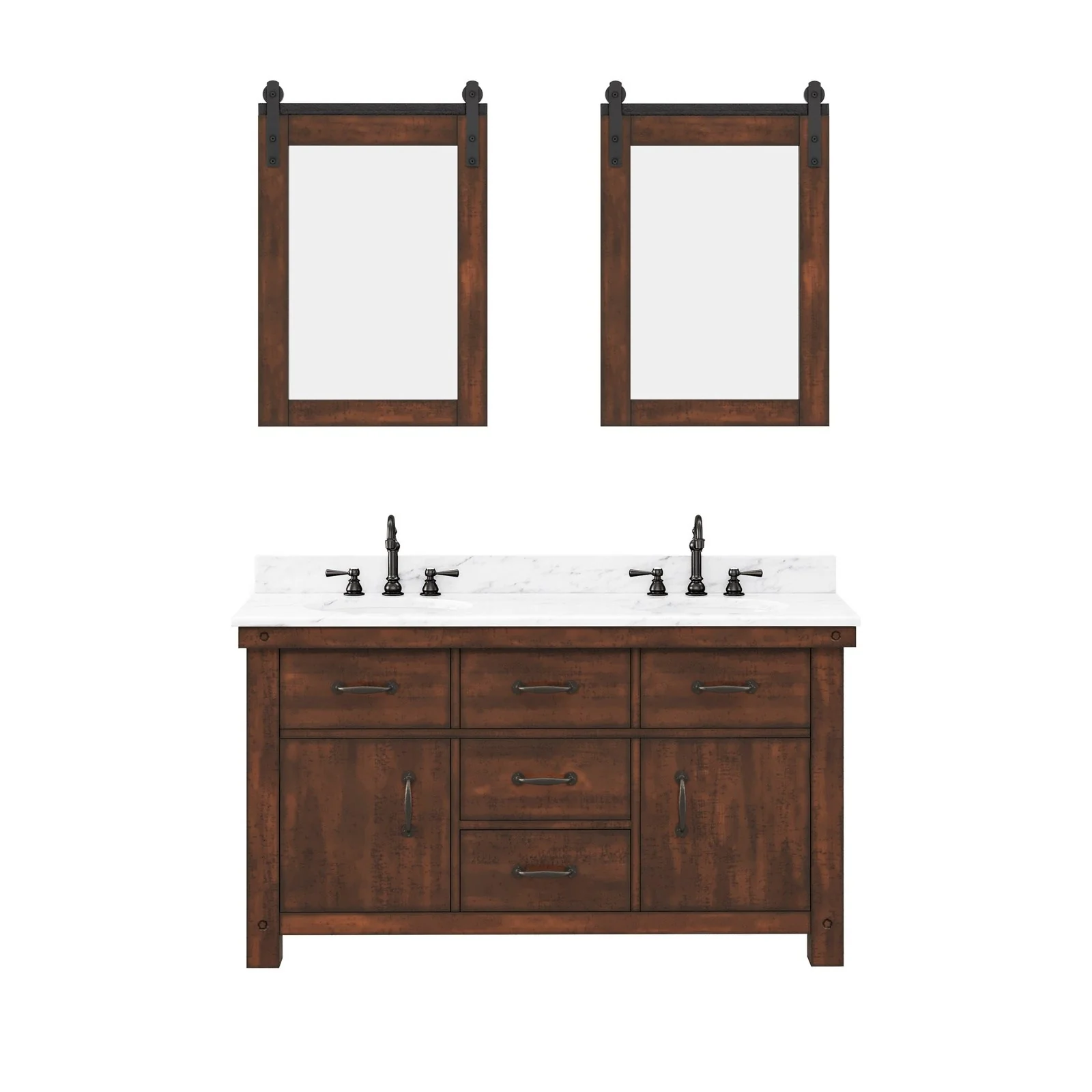 Water Creation Aberdeen 60" Double Sink Carrara White Marble Countertop Vanity in Rustic Sierra with Hook Faucets and Mirrors - Image 4