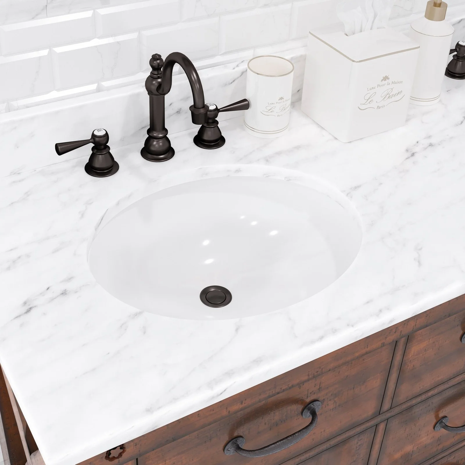 Water Creation Aberdeen 60" Double Sink Carrara White Marble Countertop Vanity in Rustic Sierra with Hook Faucets and Mirrors - Image 5