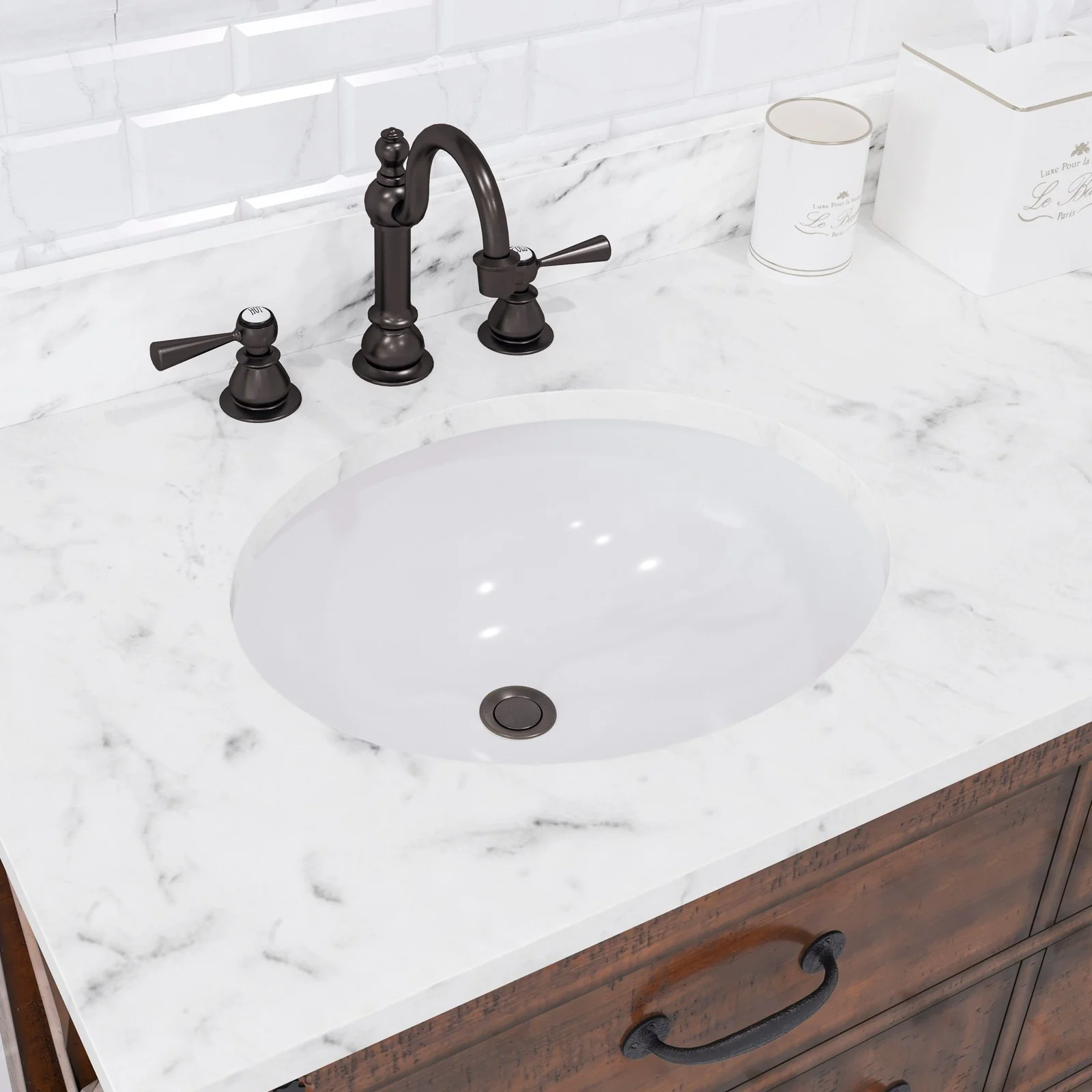 Water Creation Aberdeen 72" Double Sink Carrara White Marble Countertop Vanity in Rustic Sierra with Hook Faucets - Image 5