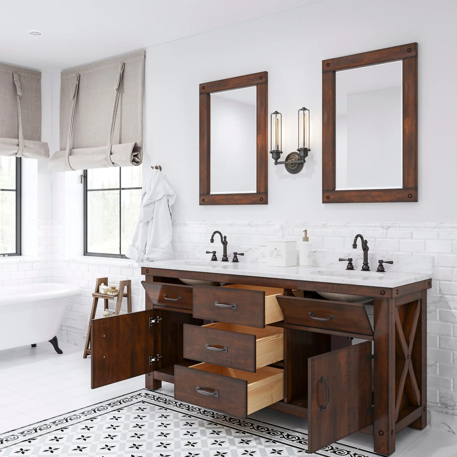 Water Creation Aberdeen 72" Double Sink Carrara White Marble Countertop Vanity in Rustic Sierra with Hook Faucets and Mirrors - Image 3