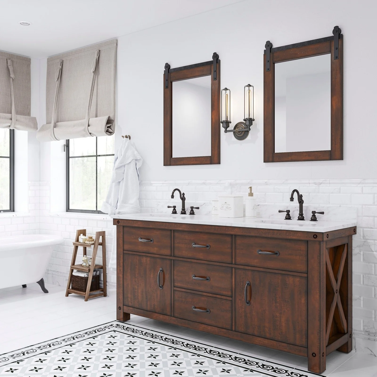 Water Creation Aberdeen 72" Double Sink Carrara White Marble Countertop Vanity in Rustic Sierra with Hook Faucets and Mirrors - Image 2