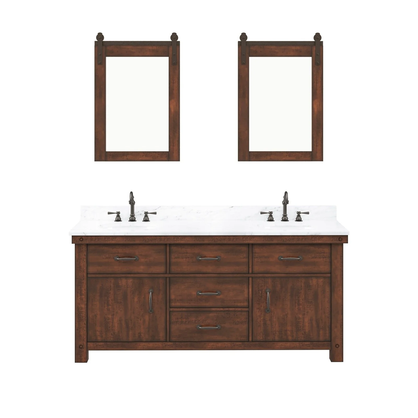 Water Creation Aberdeen 72" Double Sink Carrara White Marble Countertop Vanity in Rustic Sierra with Hook Faucets and Mirrors - Image 4