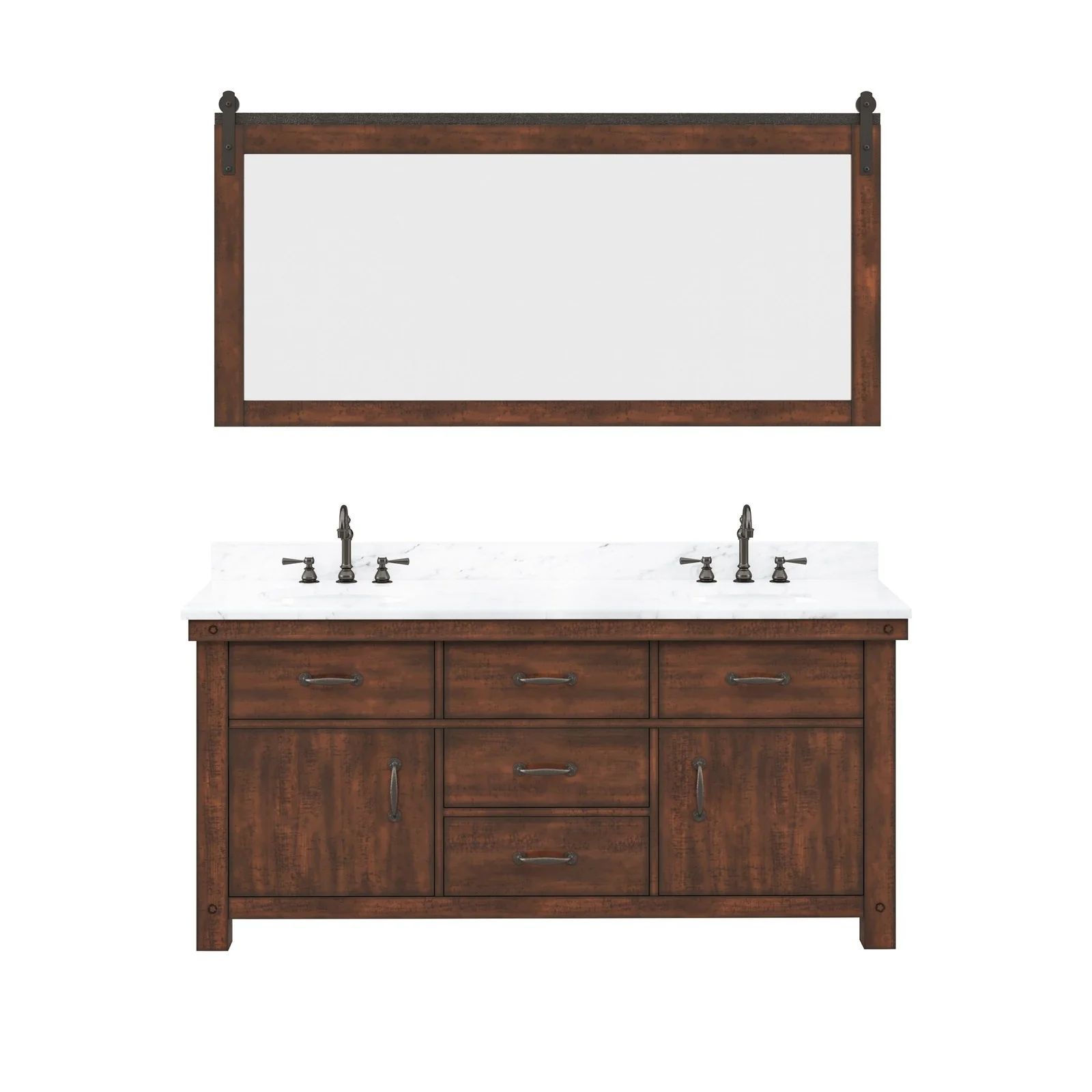 Water Creation Aberdeen 72" Double Sink Carrara White Marble Countertop Vanity in Rustic Sierra with Hook Faucets and Mirrors - Image 4