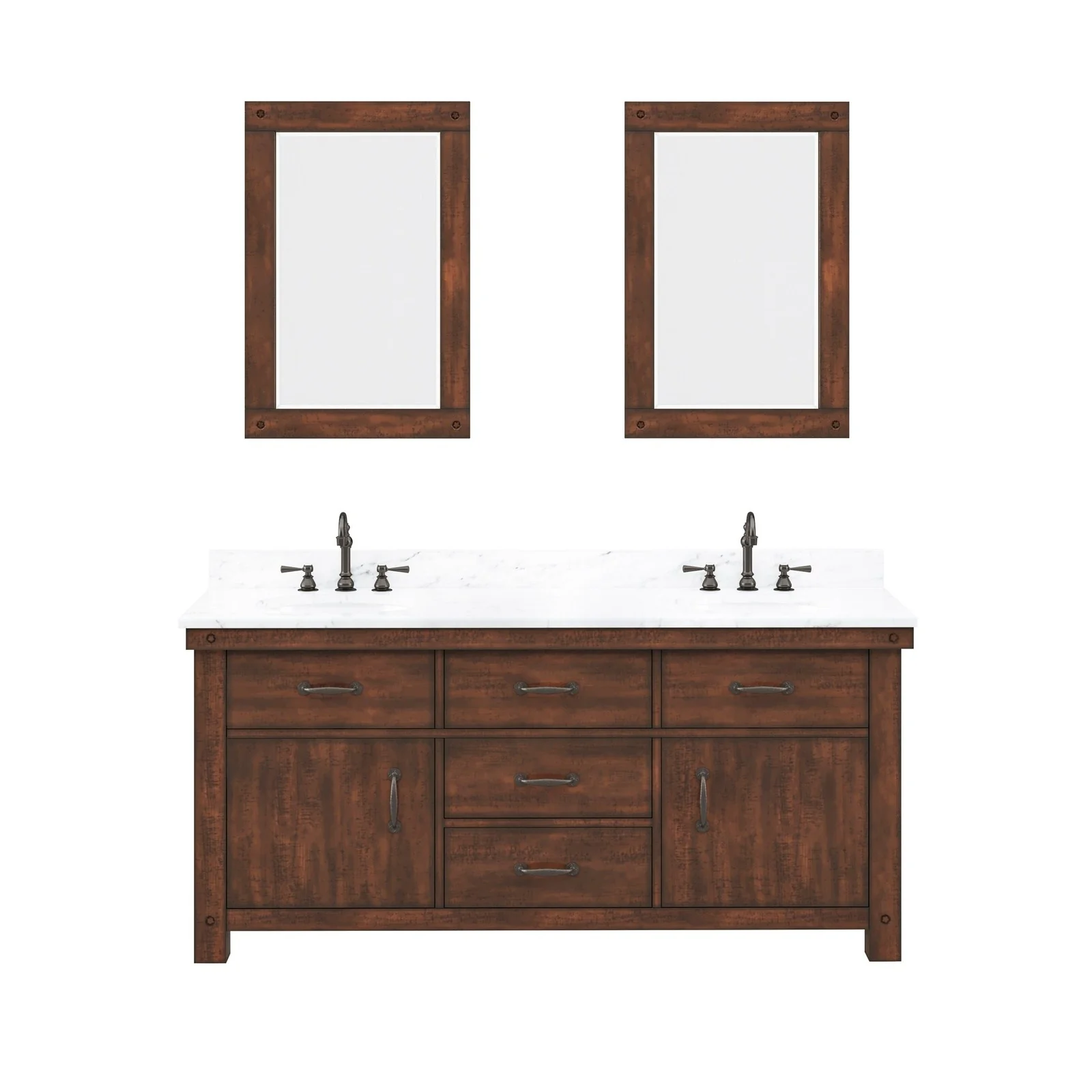 Water Creation Aberdeen 72" Double Sink Carrara White Marble Countertop Vanity in Rustic Sierra with Mirrors - Image 4
