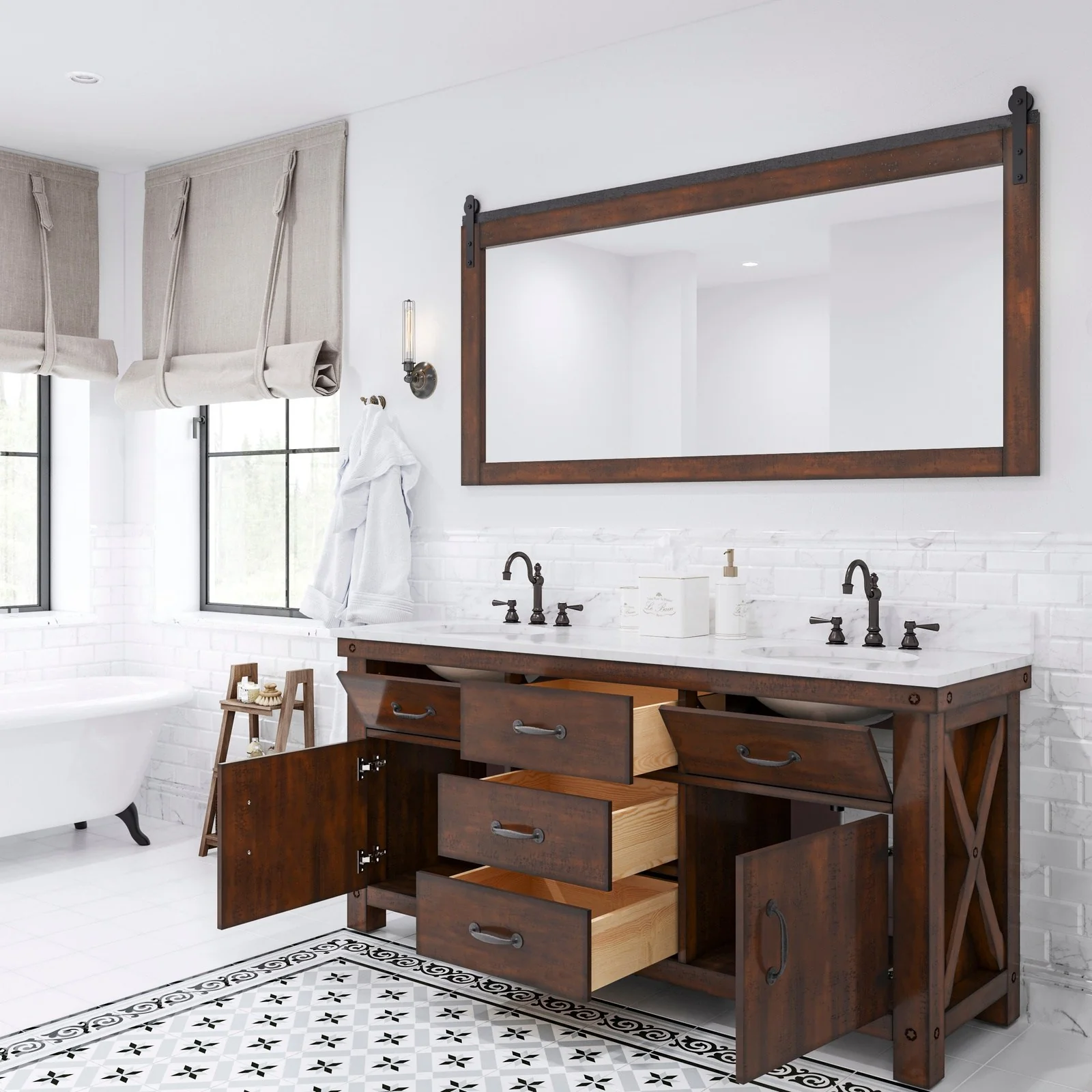 Water Creation Aberdeen 72" Double Sink Carrara White Marble Countertop Vanity in Rustic Sierra with Mirrors - Image 3