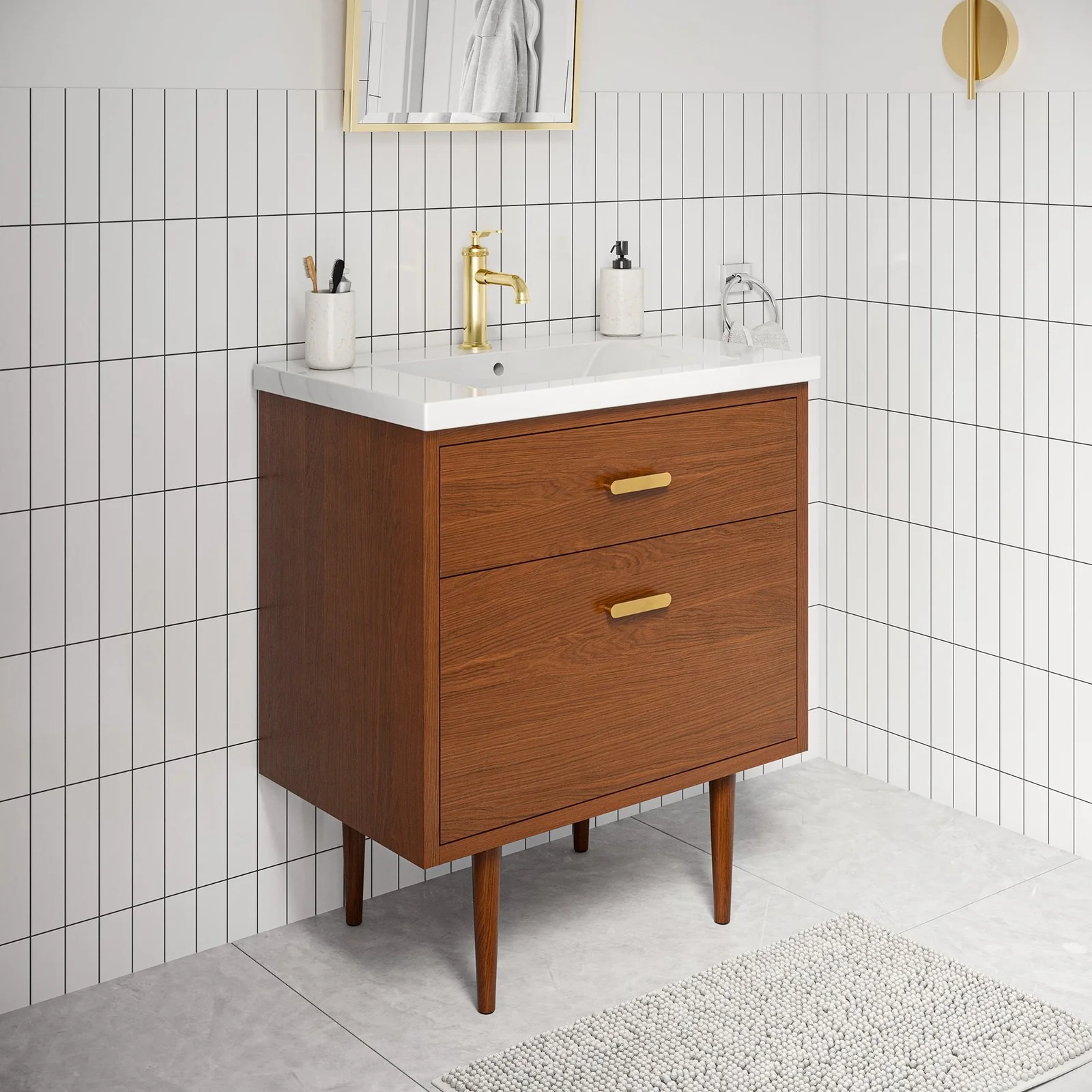 Water Creation Brandy 30" Integrated Ceramic Sink Top Vanity in Honey Walnut with Satin Gold Single Faucet - Image 2