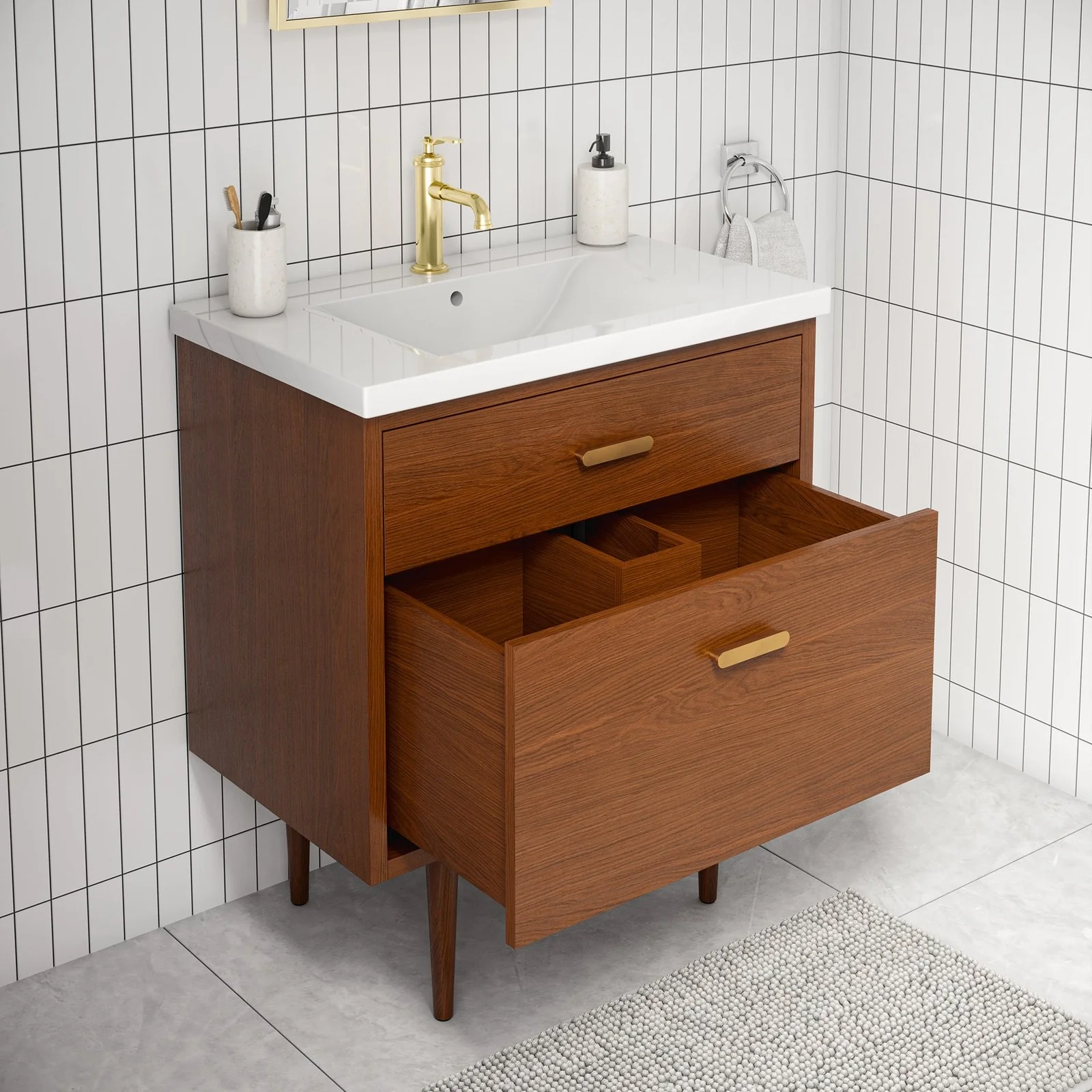 Water Creation Brandy 30" Integrated Ceramic Sink Top Vanity in Honey Walnut with Satin Gold Single Faucet - Image 3