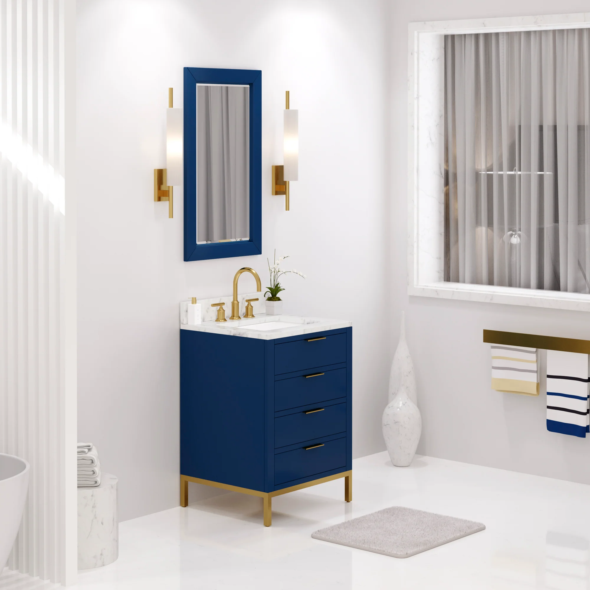 Water Creation Bristol 24" Single Sink Carrara White Marble Countertop Bath Vanity in Monarch Blue with Satin Gold Gooseneck Faucet - Image 2