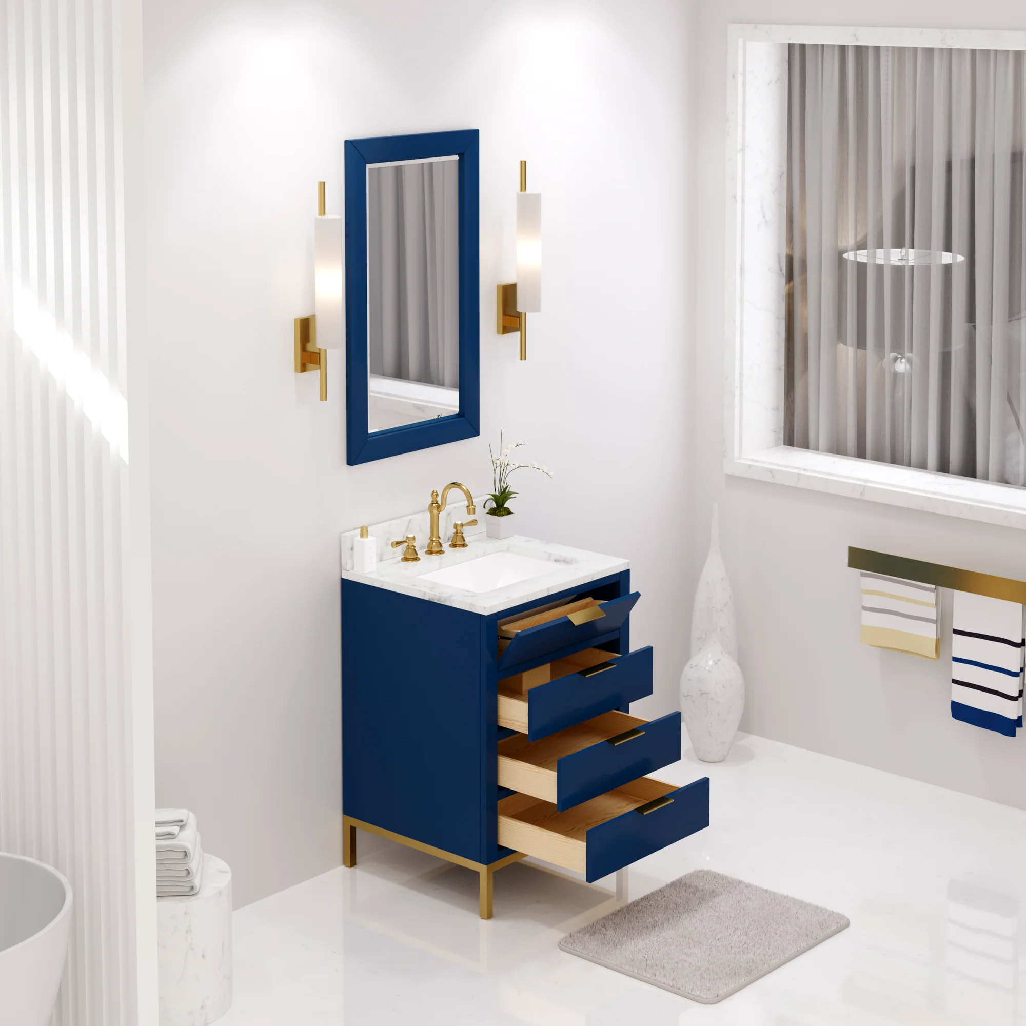 Water Creation Bristol 24" Single Sink Carrara White Marble Countertop Bath Vanity in Monarch Blue with Satin Gold Hook Faucet - Image 3